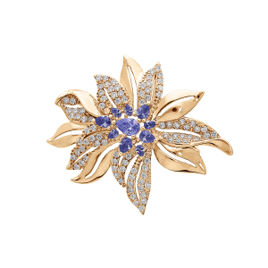 BROCHE PLAQUÉ OR FLEUR OXYDES BLEUS ET BLANCS SERTIS