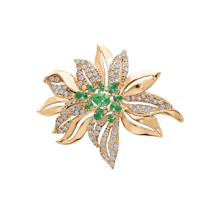 BROCHE PLAQUÉ OR FLEUR OXYDES VERTS ET BLANCS SERTIS
