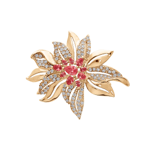 BROCHE PLAQUÉ OR FLEUR OXYDES FUSCHIA ET BLANCS SERTIS