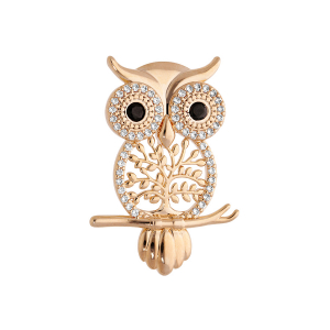 BROCHE PLAQUÉ OR HIBOU - CHOUETTE +ARBRE DE VIE ET OXYDES SERTIS BLANCS ET NOIRS