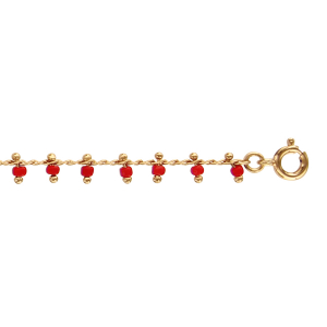 CHAINE CHEVILLE PLAQUÉ OR PAMPILLES BOULES CORAIL SYNTHETIQUE 25CM