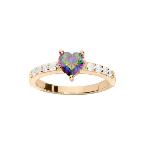 BAGUE PLAQUÉ OR DEMI RAIL OXYDES BLANCS SERTIS ET OXYDE CENTRALE COEUR ARC EN CIEL MYSTIQUE