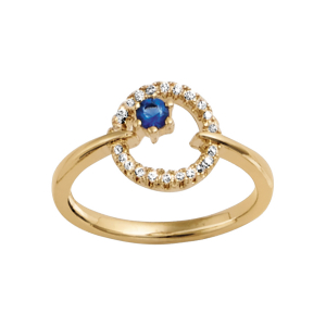 BAGUE PLAQUÉ OR RONDE 1 VERRE BLEU FONCÉ CONTOUR OXYDES BLANCS SERTIS