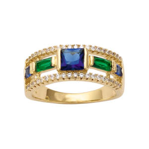 BAGUE PLAQUÉ OR VERRE BLEU FONCÉ ET VERT CONTOUR OXYDES BLANCS SERTIS