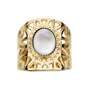 BAGUE PLAQUÉ OR LARGE AZTEQUE NACRE BLANCHE VÉRITABLE