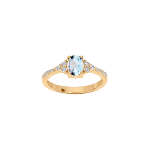 BAGUE PLAQUÉ OR TOPAZE BLEU ET OXYDES BLANCS SERTIS