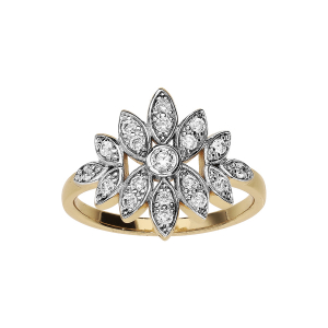 BAGUE PLAQUÉ OR FLEUR OXYDES BLANCS SERTIS