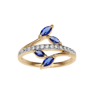 BAGUE PLAQUÉ OR FEUILLAGE BLEU FONCÉ ET OXYDES BLANCS SERTIS