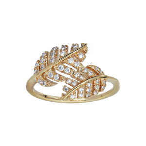 BAGUE PLAQUÉ OR FEUILLAGE CROISÉ OXYDES BLANCS SERTIS