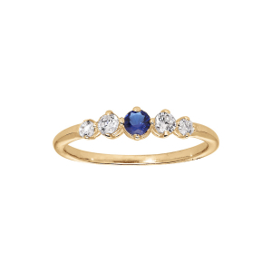 BAGUE PLAQUÉ OR 4 OXYDES BLANCS SERTIS ET 1 CENTRE BLEU FONCÉ