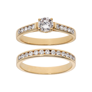 BAGUE PLAQUÉ OR GRAND DIAMETRE DOUBLE ANNEAU RAIL PIERRES BLANCHES AVEC 1 SOLITAIRE BLANC