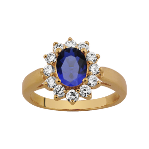 BAGUE PLAQUÉ OR PIERRE CENTRALE BLEU FONCE CONTOUR PIERRES BLANCHES