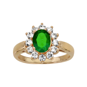 BAGUE PLAQUÉ OR PIERRE CENTRALE VERTE CONTOUR PIERRES BLANCHES