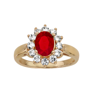 BAGUE PLAQUÉ OR PIERRE CENTRALE ROUGE CONTOUR PIERRES BLANCHES