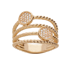 BAGUE PLAQUÉ OR MULTI FILS TORSADE ET 2 PASTILLES OXYDES BLANCS SERTIS