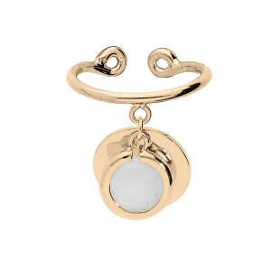 BAGUE PLAQUÉ OR OUVERTE PAMPILLES PASTILLE MARTELÉE ET PASTILLE PIERRE SYNTHETIQUE FACETÉE BLANCHE OPAQUE RÉGLABLE
