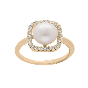 BAGUE PLAQUÉ OR CARRÉ OXYDES BLANCS AVEC PERLE DE CULTURE D'EAU DOUCE BLANCHE