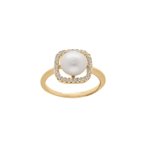 BAGUE PLAQUÉ OR CARRÉ OXYDES BLANCS AVEC PERLE DE CULTURE D'EAU DOUCE BLANCHE