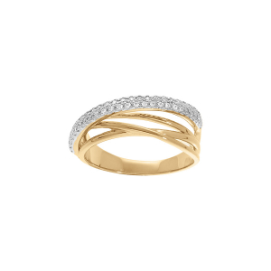BAGUE PLAQUÉ OR GRAND DIAMETRE CROISÉE OXYDES BLANCS SERTIS