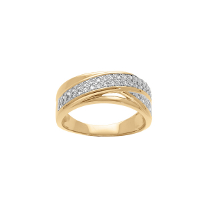 BAGUE PLAQUÉ OR GRAND DIAMETRE CROISÉE OXYDES BLANCS SERTIS