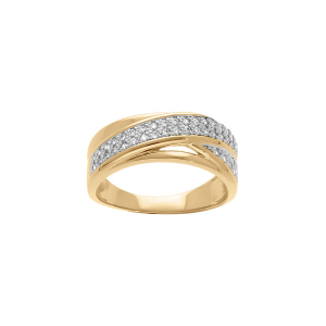 BAGUE PLAQUÉ OR GRAND DIAMETRE CROISÉE OXYDES BLANCS SERTIS