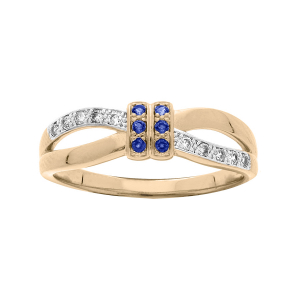 BAGUE PLAQUÉ OR CROISÉE OXYDES BLEUS ET BLANCS SERTIS
