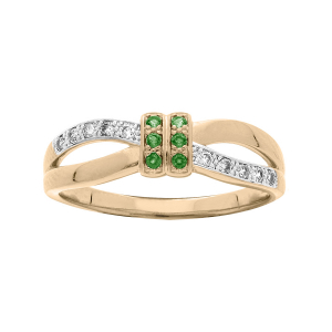 BAGUE PLAQUÉ OR CROISÉE OXYDES VERTS ET BLANCS SERTIS