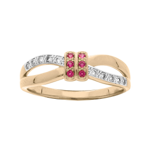 BAGUE PLAQUÉ OR CROISÉE OXYDES ROUGES ET BLANCS SERTIS