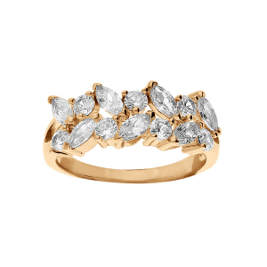 BAGUE PLAQUÉ OR 2 RANGS NAVETTES OXYDES BLANCS SERTIS