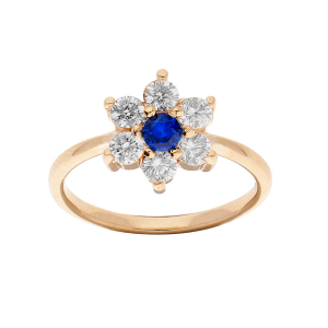 BAGUE PLAQUÉ OR FLEUR  MARGUERITE OXYDES CENTRE BLEU FONCÉ ET CONTOUR BLANCS SERTIS