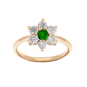 BAGUE PLAQUÉ OR FLEUR MARGUERITE OXYDES CENTRE VERT ET CONTOUR BLANCS SERTIS