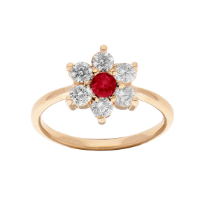 BAGUE PLAQUÉ OR FLEUR MARGUERITE OXYDES CENTRE ROUGE ET CONTOUR BLANCS SERTIS