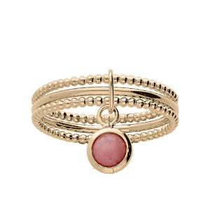BAGUE PLAQUÉ OR 2 ANNEAUX CISELÉS 1 LISSE PAMPILLE RHODONITE VÉRITABLE