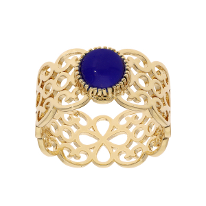 BAGUE PLAQUÉ OR FILIGRANE AVEC PIERRE RONDE SYNTHETIQUE BLEU FONCÉE