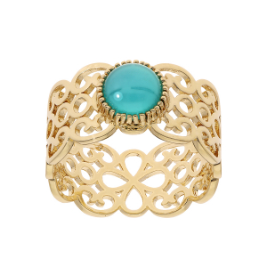 BAGUE PLAQUÉ OR FILIGRANE AVEC PIERRE RONDE SYNTHETIQUE BLEU