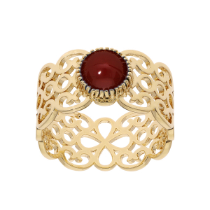 BAGUE PLAQUÉ OR FILIGRANE AVEC PIERRE RONDE SYNTHETIQUE ROUGE