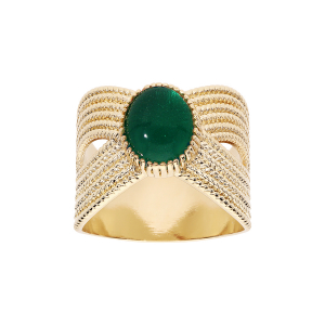 BAGUE PLAQUÉ OR CROISÉE AVEC PIERRE SYNTHÉTIQUE VERTE