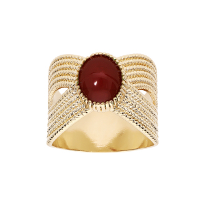 BAGUE PLAQUÉ OR CROISÉE AVEC PIERRE SYNTHÉTIQUE ROUGE