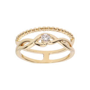 BAGUE PLAQUÉ OR DOUBLE CROISEE OXYDES BLANCS ET BOULES