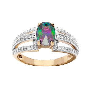 BAGUE PLAQUÉ OR GRAND DIAMETRE OXYDE CENTRAL MYSTIQUE ARC EN CIEL  ET 3 RAILS OXYDES BLANCS SERTIS