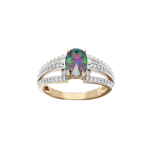 BAGUE PLAQUÉ OR GRAND DIAMETRE OXYDE CENTRAL MYSTIQUE ARC EN CIEL  ET 3 RAILS OXYDES BLANCS SERTIS