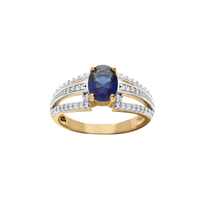 BAGUE PLAQUÉ OR GRAND DIAMETRE OXYDE CENTRAL BLEU ET 3 RAILS OXYDES BLANCS SERTIS