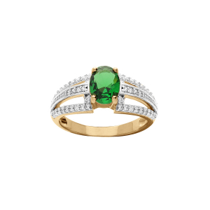 BAGUE PLAQUÉ OR GRAND DIAMETRE OXYDE CENTRAL VERT ET 3 RAILS OXYDES BLANCS SERTIS