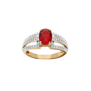 BAGUE PLAQUÉ OR GRAND DIAMETRE OXYDE CENTRAL ROUGE ET 3 RAILS OXYDES BLANCS SERTIS