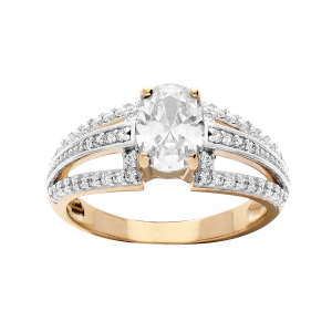 BAGUE PLAQUÉ OR GRAND DIAMETRE OXYDE CENTRAL BLANC ET 3 RAILS OXYDES BLANCS SERTIS