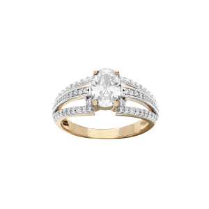 BAGUE PLAQUÉ OR GRAND DIAMETRE OXYDE CENTRAL BLANC ET 3 RAILS OXYDES BLANCS SERTIS