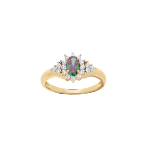 BAGUE PLAQUÉ OR GRAND DIAMETRE CENTRE PETROL ARC EN CIEL ET CONTOUR OXYDES BLANCS SERTIS