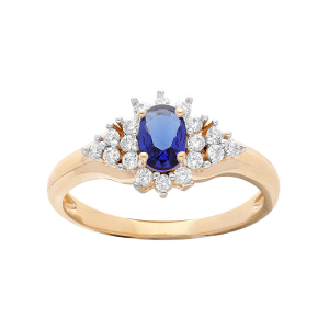 BAGUE PLAQUÉ OR GRAND DIAMETRE CENTRE OXYDE BLEU ET CONTOUR OXYDES BLANCS SERTIS