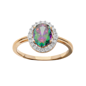 BAGUE PLAQUÉ OR GRAND DIAMETRE CENTRE OXYDE PETROL ARC EN CIEL ET CONTOUR OXYDES BLANCS SERTIS
