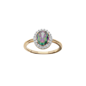 BAGUE PLAQUÉ OR GRAND DIAMETRE CENTRE OXYDE PETROL ARC EN CIEL ET CONTOUR OXYDES BLANCS SERTIS